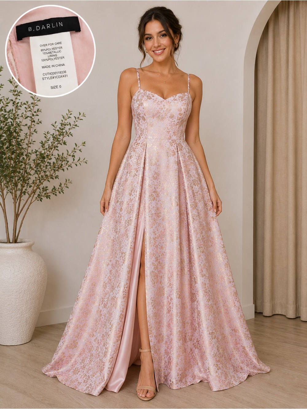 B Darlin Blush Pink Metallic A-Line Prom Dress